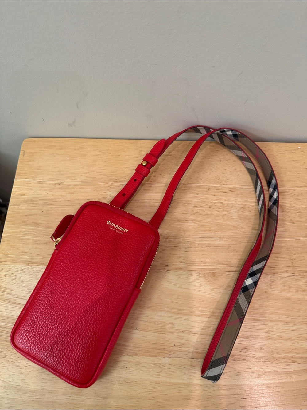 Burberry Red Pebbled Leather Crossbody with Signature Check Strap